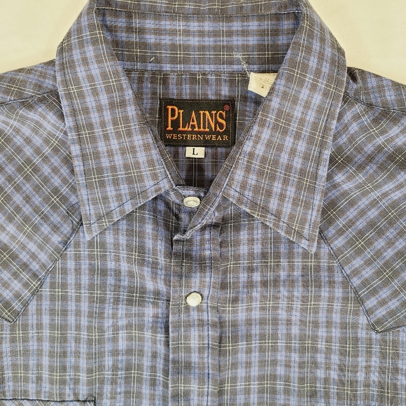 Plains Western Wear Blue Plaid Shirt Short Sleeve Pearl Snap Buttons Size Large - Picture 2 of 13